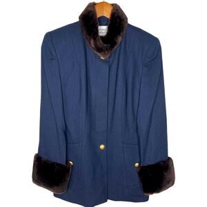 Neiman Marcus x George Simonton 6 Classic Wool Coat Fur Gold Buttons Navy Blue M